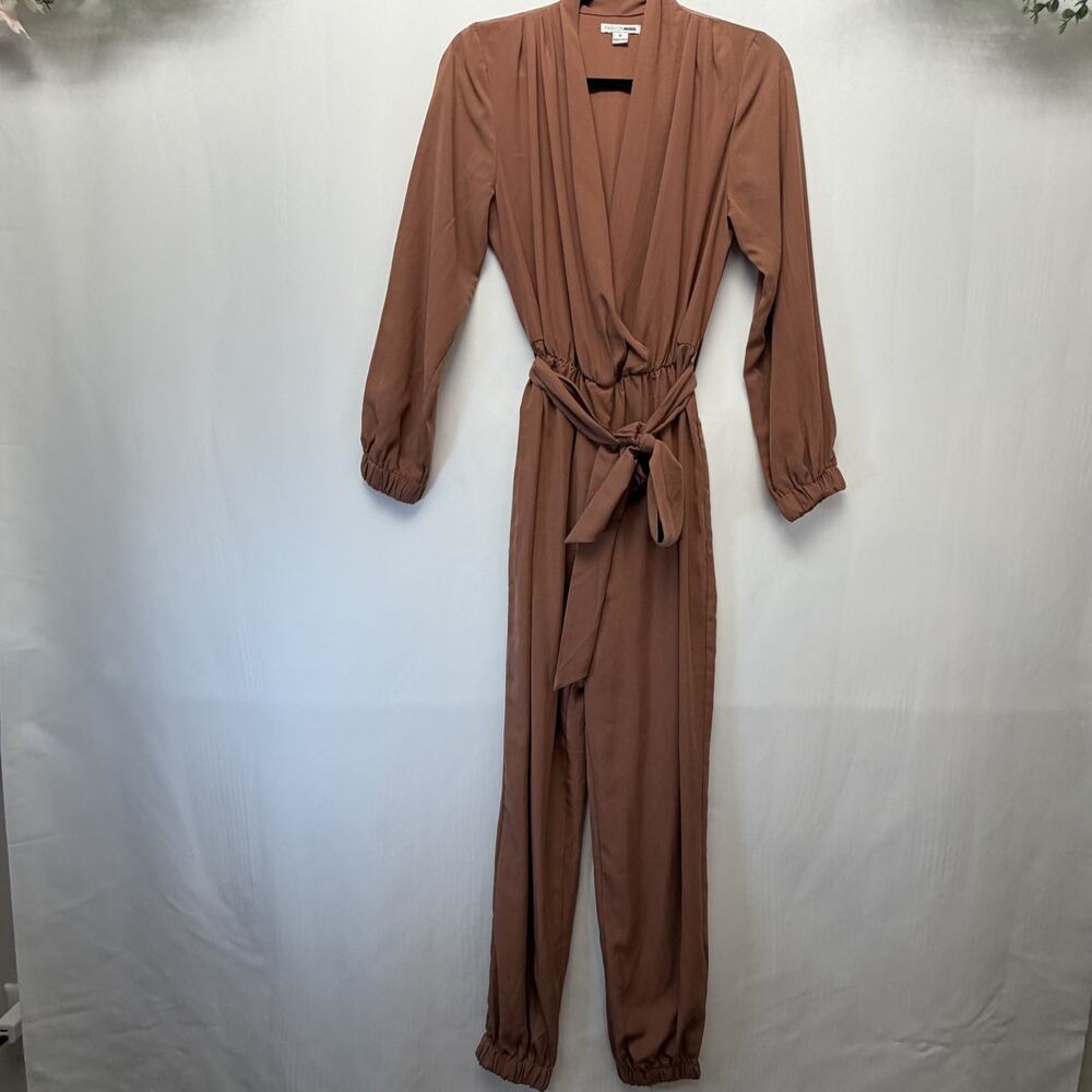 Fashion Nova Brown Jumpsuit Wide Leg Blazer Long Sleeve Tie Women's Size Small
